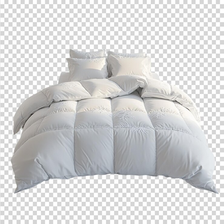 PSD colchón blanco simétrico en la cama con almohadas cubiertas de nieve aisladas sobre un fondo transparente