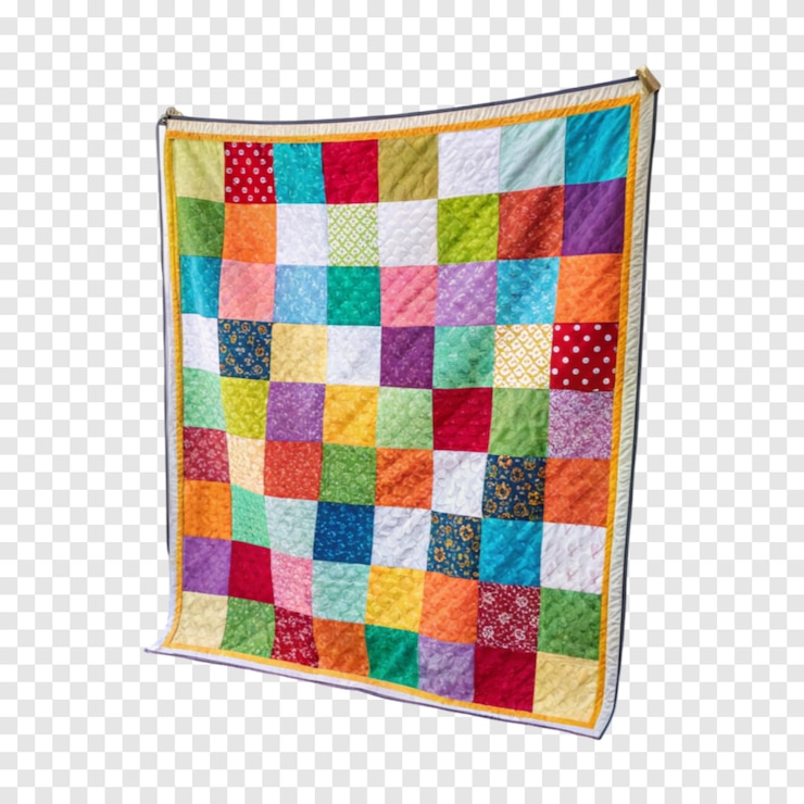 PSD colchón de patchwork con cuadrados coloridos frente de vista completa aislado en un fondo blanco transparente