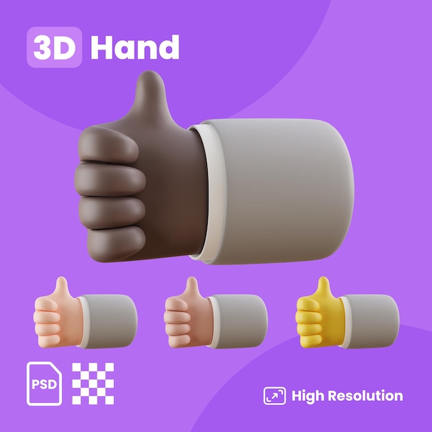 Coleção 3D com as mãos mostrando o lado direito da frente, polegares para cima