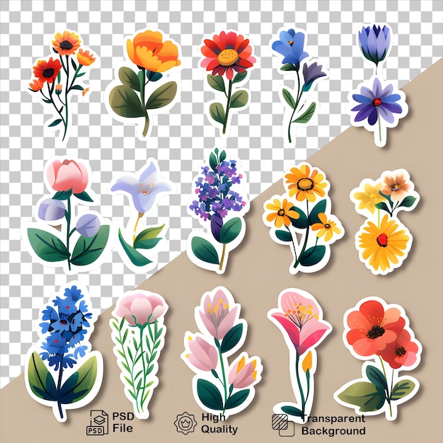 Coleção de adesivos de flores em fundo transparente inclui arquivo png