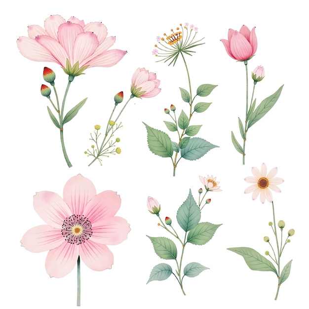Coleção de aquarelas de flores cor-de-rosa e folhagem verde