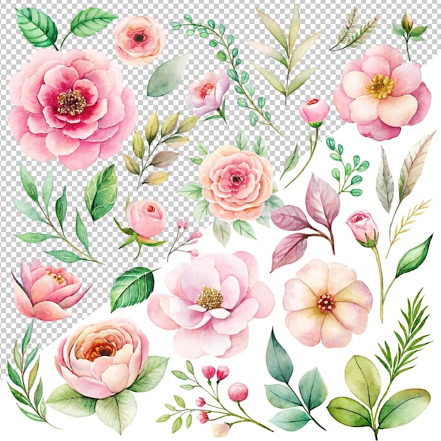 Coleção de aquarelas de um rosa floral brilha em fundo transparente