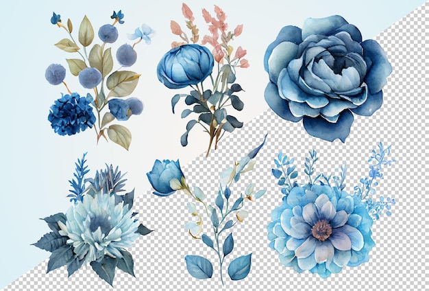 PSD coleção de arranjo floral azul aquarela isolada clip-art em fundo transparente