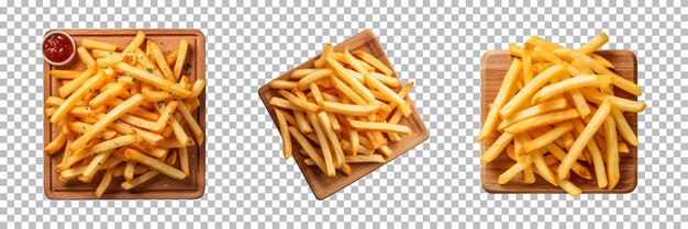 PSD coleção de batatas fritas em uma tábua de madeira isolada em um fundo transparente vista de cima