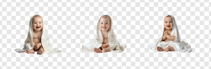 PSD coleção de bebê sorridente sentado envolto em toalha isolado em fundo transparente
