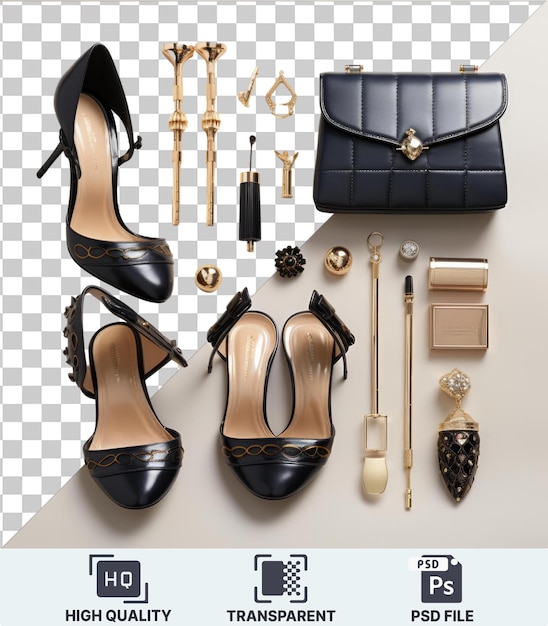 PSD coleção de calçados e acessórios de luxo com saltos pretos, uma chave dourada e uma bolsa preta