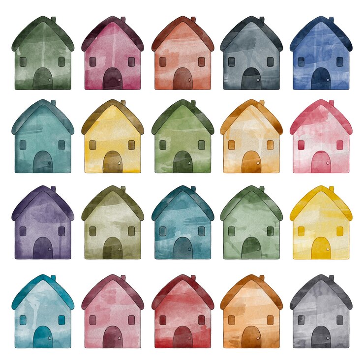 PSD coleção de casas coloridas pintadas a aquarela