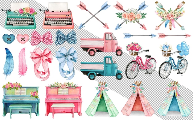 Coleção de clipart mista azul e rosa desenhada à mão em aquarela