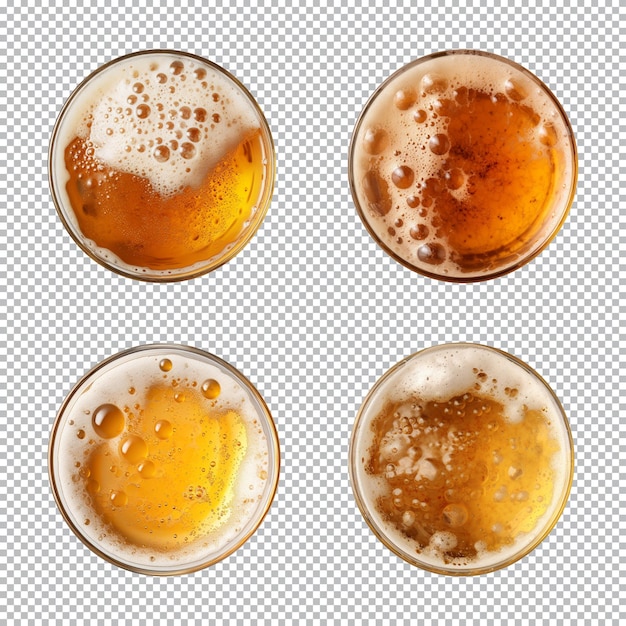 PSD coleção de copos de cerveja com bolhas em vidro isolado em um fundo transparente vista de cima