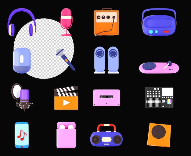 Coleção de dispositivos de música colorida em renderização 3d