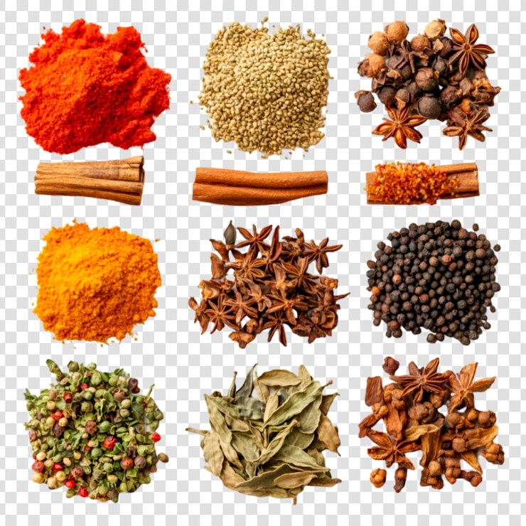 PSD coleção de especiarias aromáticas ervas e temperos coloridos ingredientes culinários