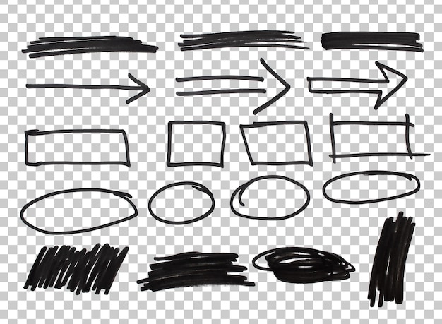Coleção de formas e setas de marcadores desenhadas à mão