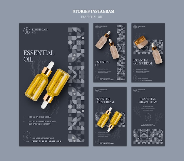 Coleção de histórias do Instagram com cosméticos de óleos essenciais