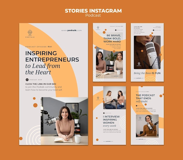 Coleção de histórias do Instagram com podcaster feminino e microfone