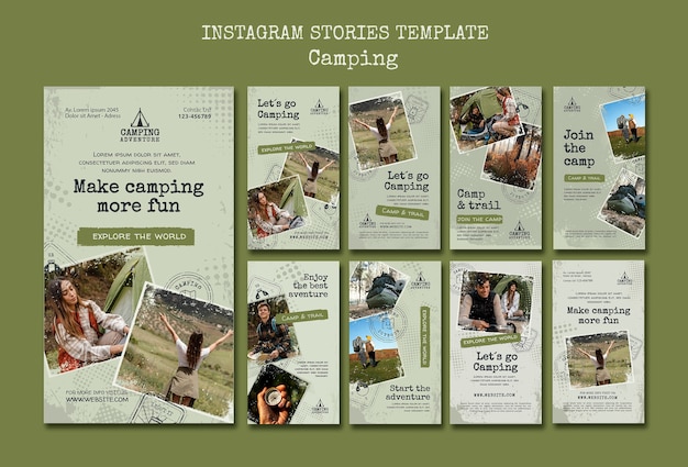 PSD coleção de histórias do instagram de acampamento com design de pontos