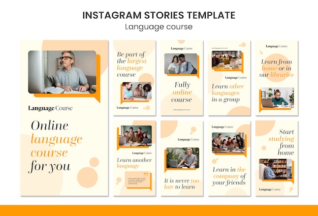 Coleção de histórias do instagram de aulas de idiomas com design de círculos