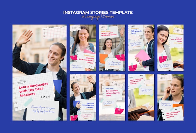 PSD coleção de histórias do instagram de aulas de idiomas com páginas de notebook