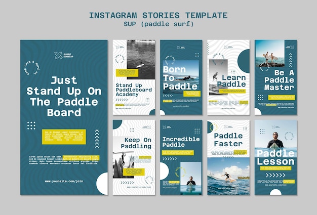 coleção de histórias do instagram de aulas de surf de paddleboard