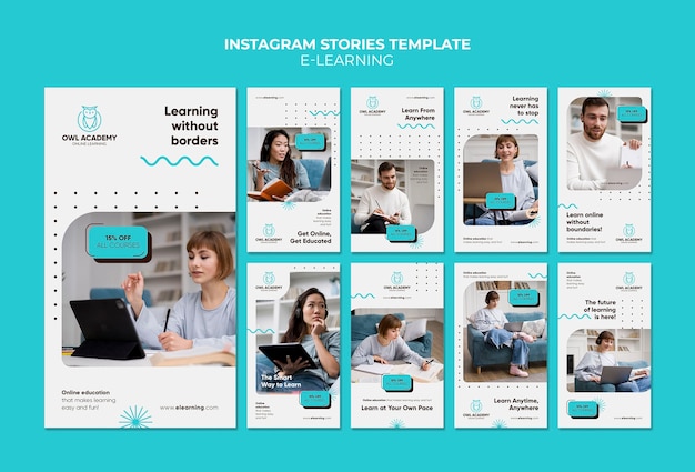 Coleção de histórias do instagram de e-learning com design de pontos