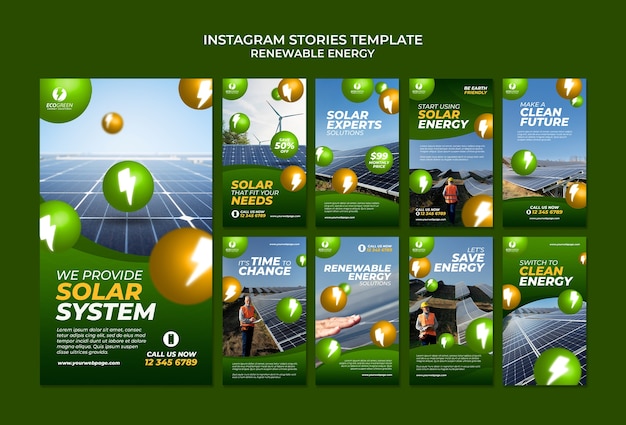 Coleção de histórias do instagram de energia renovável e sustentável com esferas e relâmpagos