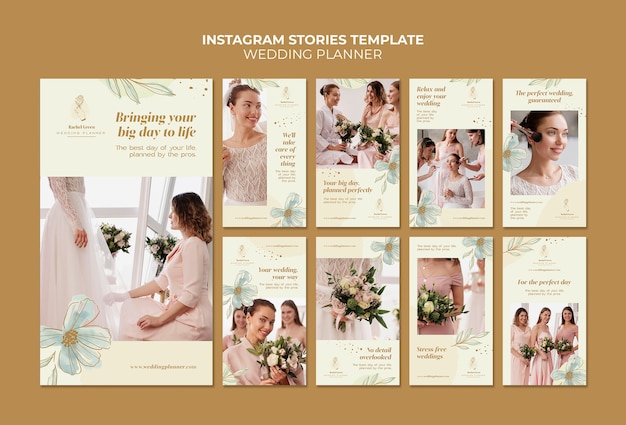 PSD coleção de histórias do instagram de planejador de casamento com design floral em aquarela