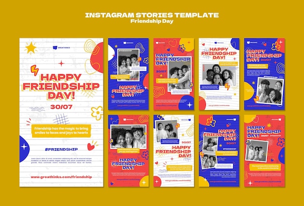 Coleção de histórias do instagram do dia da amizade com formas abstratas