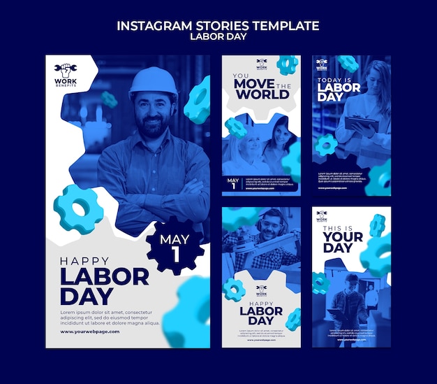 PSD coleção de histórias do instagram do dia do trabalho