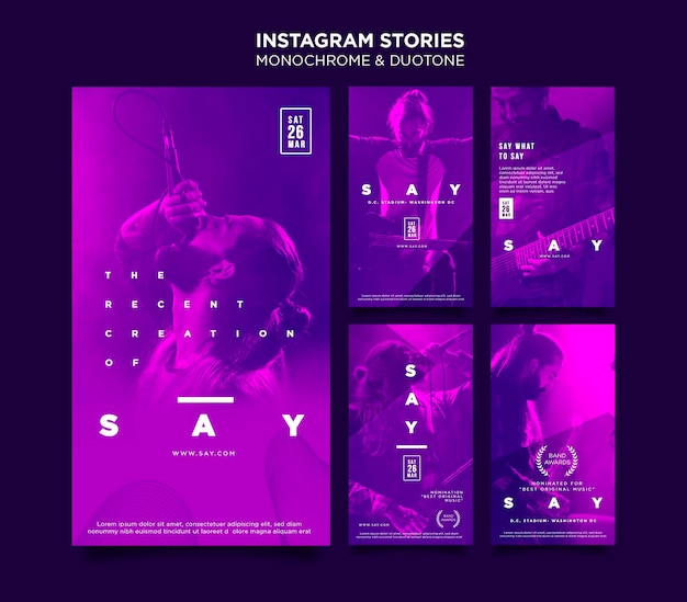 PSD coleção de histórias do instagram em duotônico com músicos em show