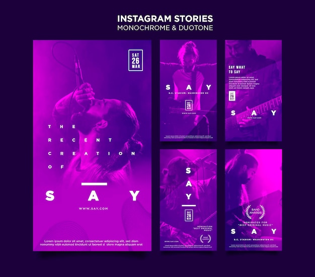 Coleção de histórias do Instagram em duotônico com músicos em show