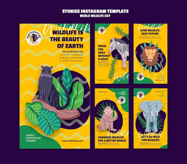 Coleção de histórias do Instagram para a celebração do dia mundial da vida selvagem