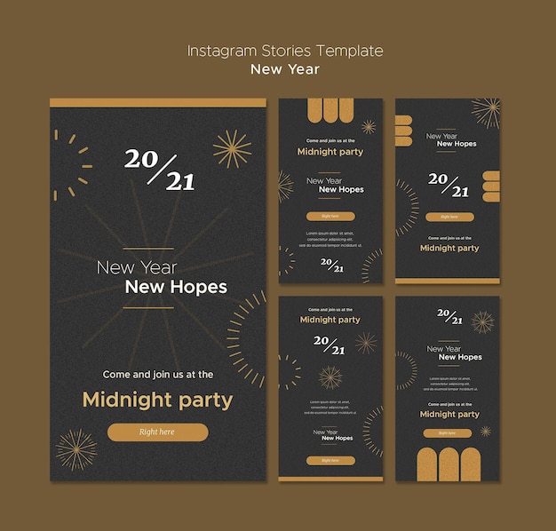 Coleção de histórias do Instagram para a festa da meia-noite de ano novo