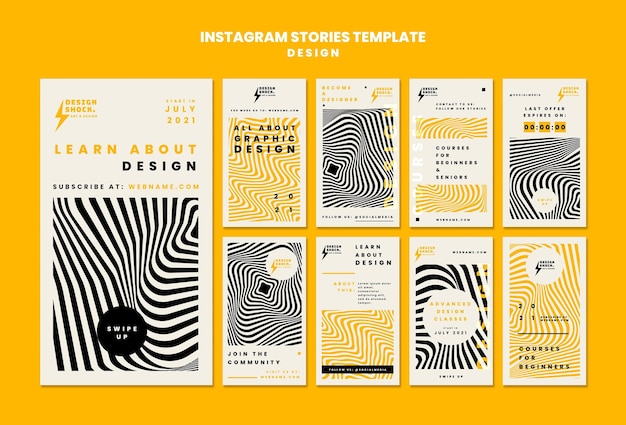 Coleção de histórias do Instagram para cursos de design gráfico