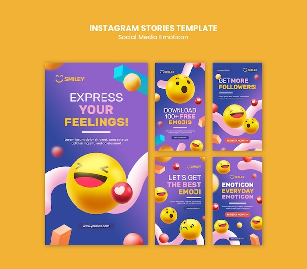 PSD coleção de histórias do instagram para emoticons de aplicativos de mídia social