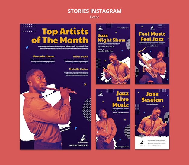 PSD coleção de histórias do instagram para eventos de jazz