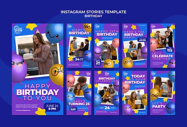 Coleção de histórias do instagram para festa de aniversário com balões engraçados