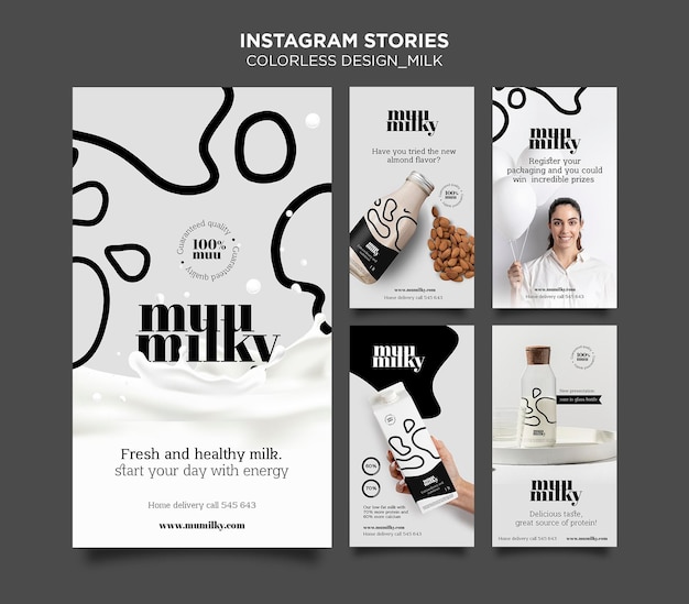 Coleção de histórias do Instagram para leite com design incolor