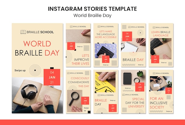 PSD coleção de histórias do instagram para o dia mundial do braille