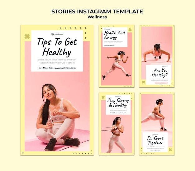 Coleção de histórias do Instagram para saúde e bem-estar com mulheres fazendo exercícios