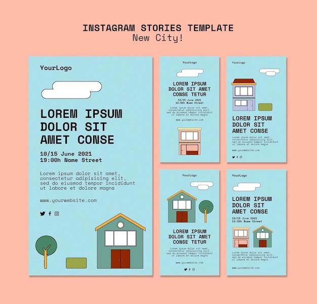 Coleção de histórias do Instagram para uma nova cidade com edifícios