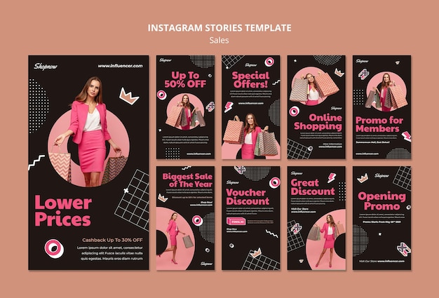 Coleção de histórias do Instagram para vendas com mulher de terno rosa