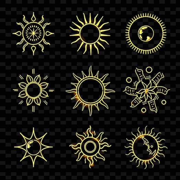 PSD coleção de ícones de sol com efeito de néon suave em conjunto radiante png iconic y2k shape art decoratives