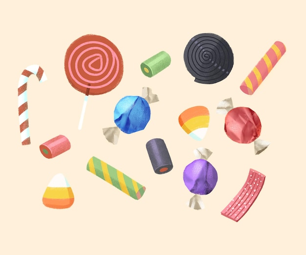 Coleção de ilustrações de doces para padrões e cartazes de cartões de convites de Halloween