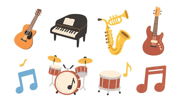 Coleção de instrumentos musicais e notas musicais