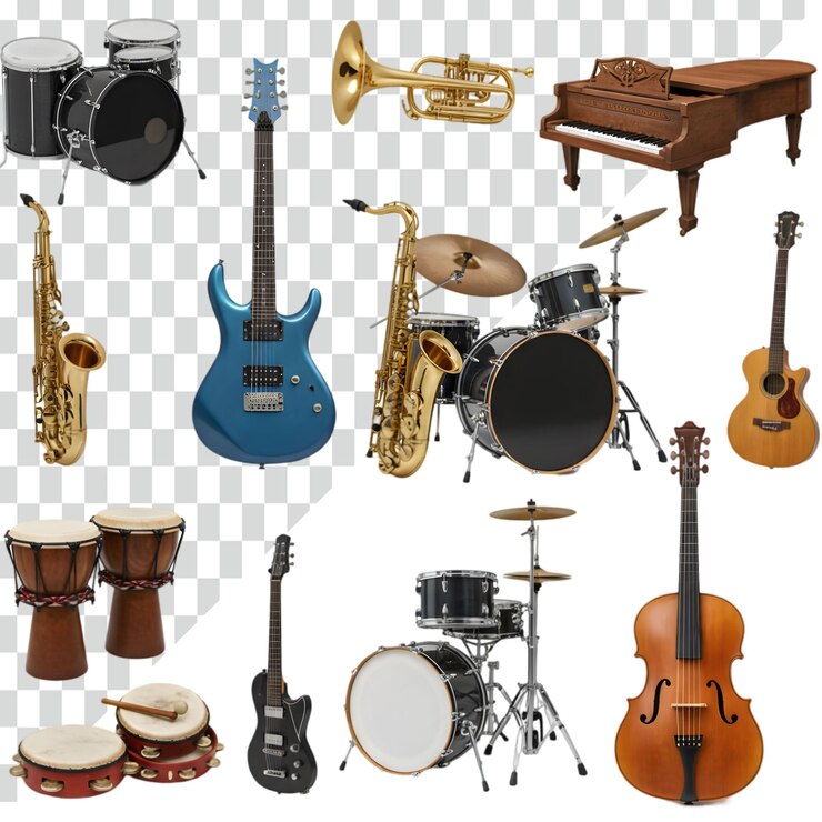 PSD coleção de instrumentos musicais, incluindo tambores, guitarras, piano e saxofones
