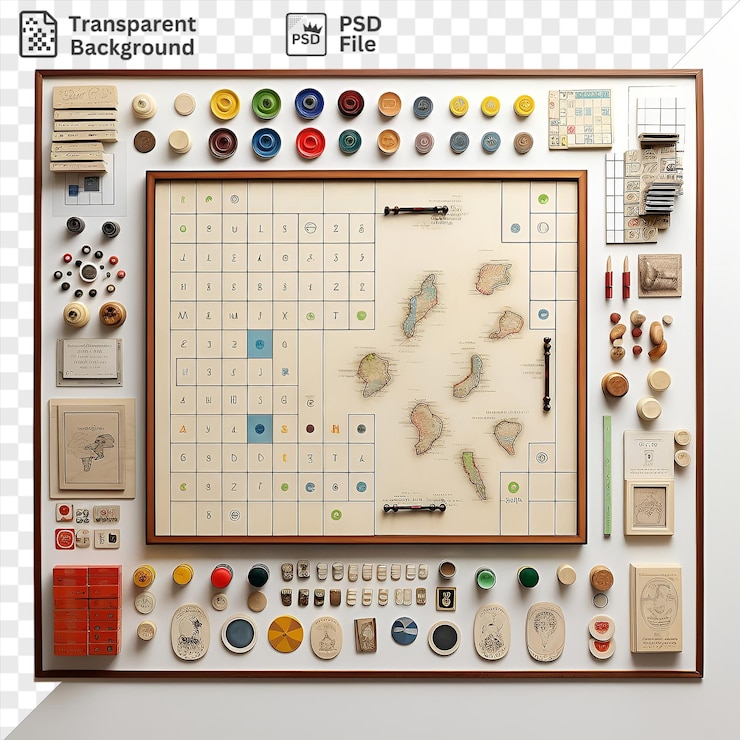 PSD coleção de jogos de tabuleiro de retrato montada em uma parede branca com uma variedade de botões coloridos, incluindo verde vermelho azul amarelo e dourado
