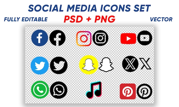 Coleção de logotipos de mídia social popular com fundo transparente
