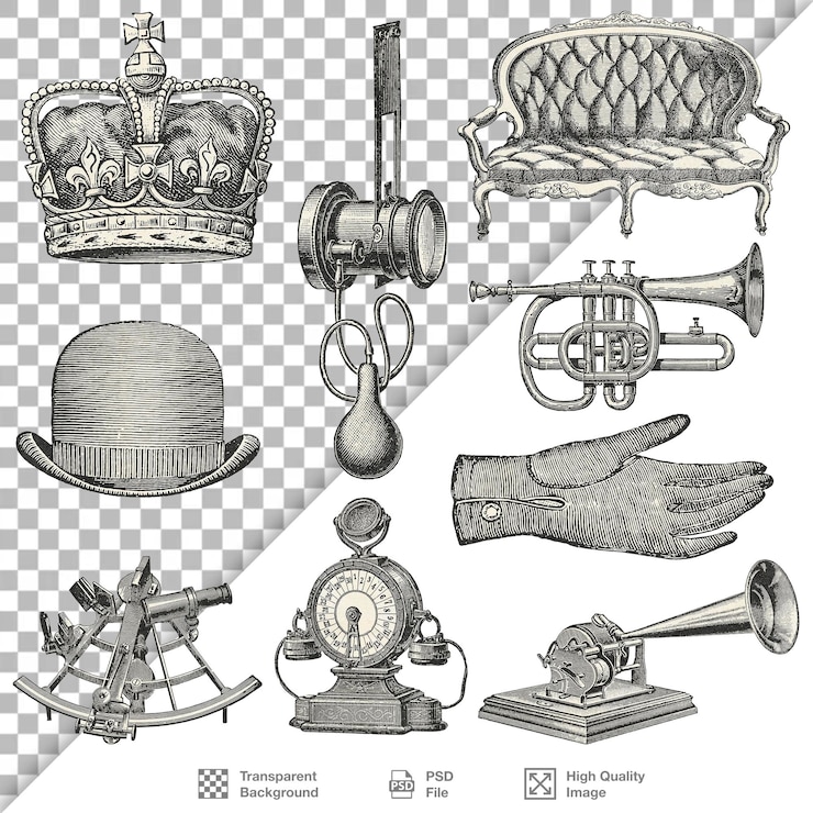 PSD coleção de objetos e instrumentos vintage ilustração png