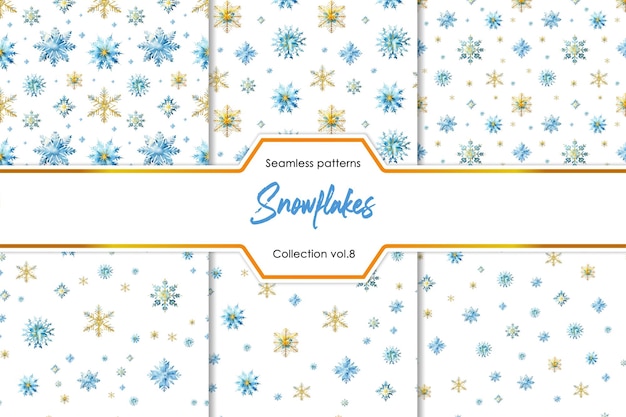 PSD coleção de padrões de flocos de neve aquarelados desenhados à mão azul e dourado impressão sem costura de flocos de neve