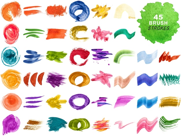 Coleção de pinceladas coloridas de aquarela e salpicaduras isoladas em fundo transparente