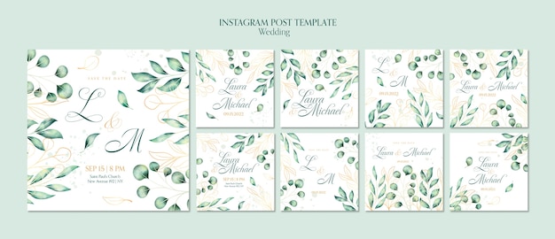 Coleção de postagens de aquarela de casamento no Instagram